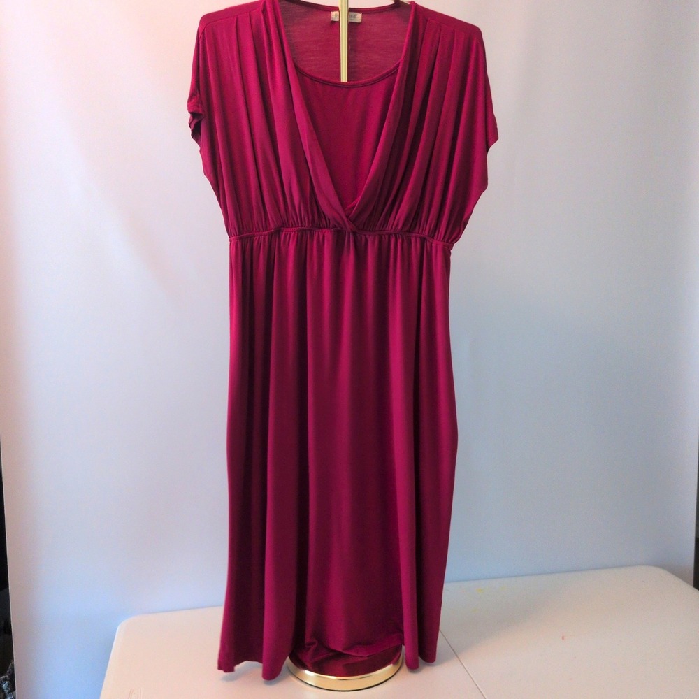 Burgundy Empire Waist Midi Dress XL V-Neck Draped Pleated, Nursing, Maternity